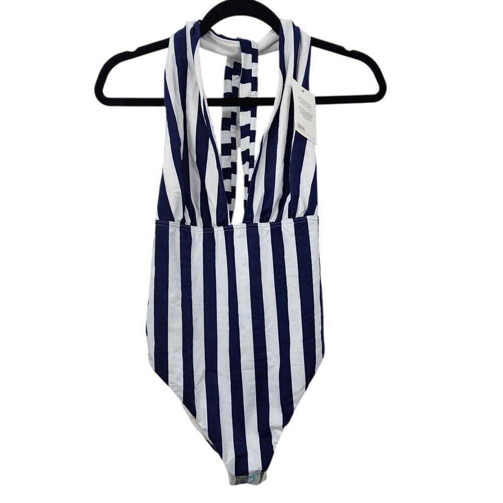 New NWT ASOS Blue White‎ Stripe Halter Style One Piece Swimsuit Size 8